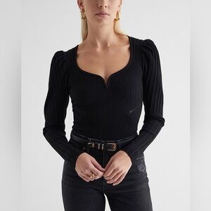 Ribbed Sweetheart Neckline Puff Sleeve Sweater - in Cream